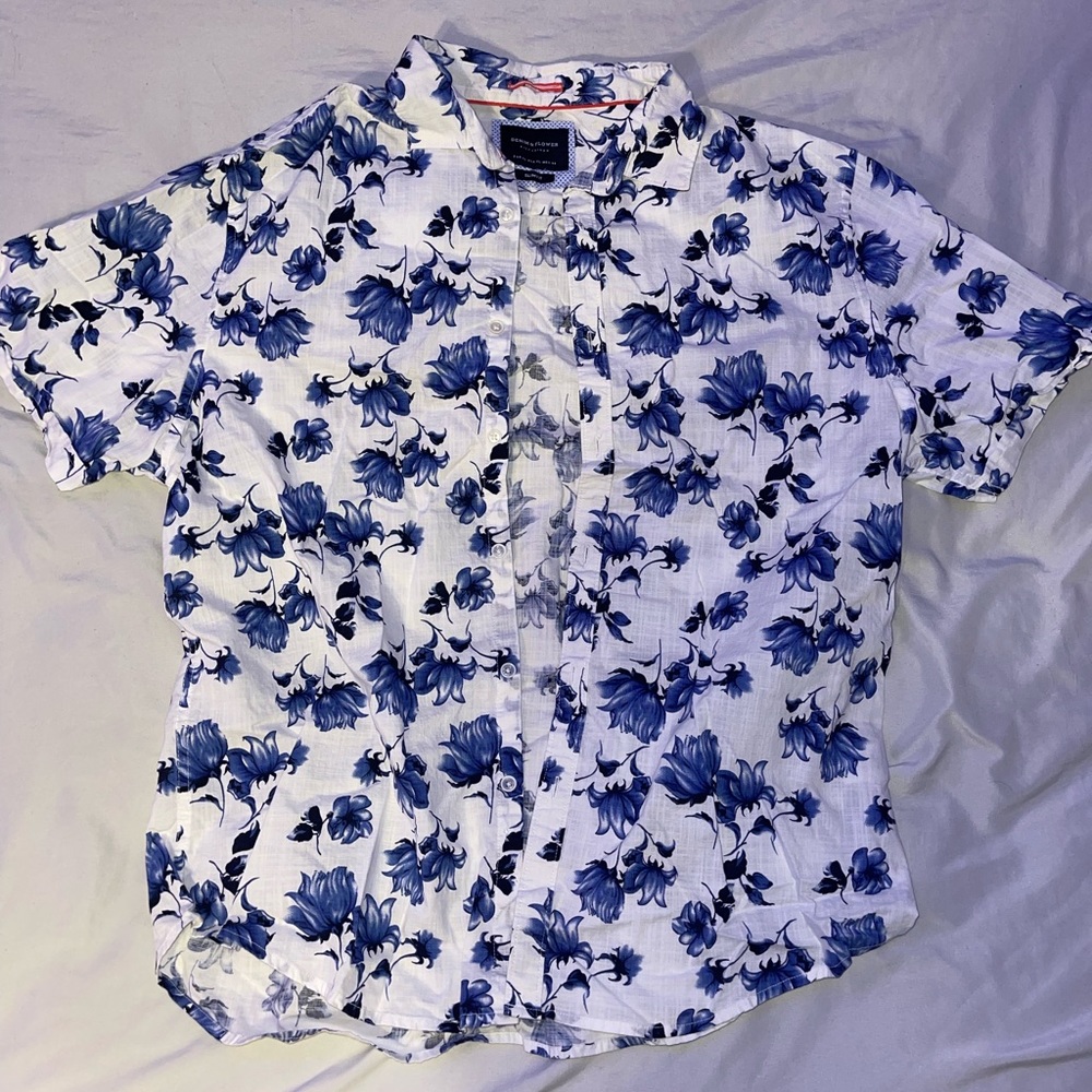Mens Denim & Flower White and Blue Floral Short Sleeve Casual Button Down